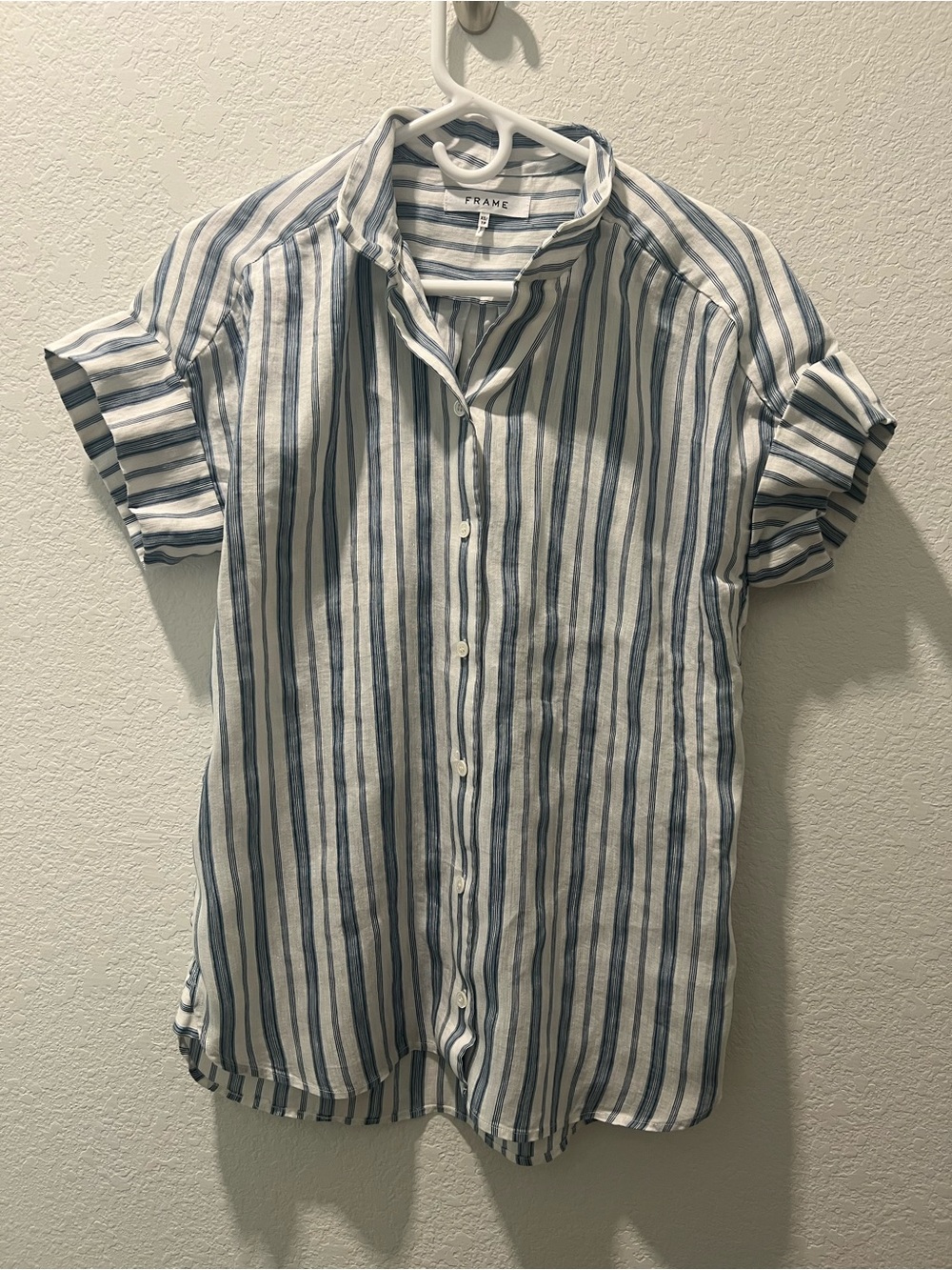 FRAME Blue White Striped Linen Blend Button Front Shirt XS Like New